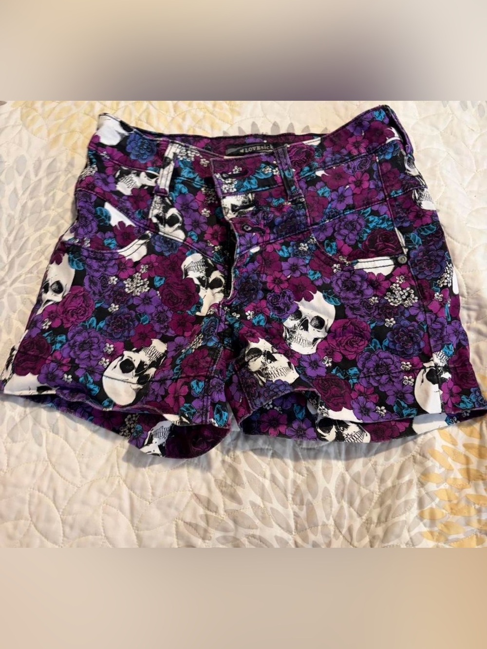 Hot Topic Lovesick Purple Floral & Skull Denim Shorts